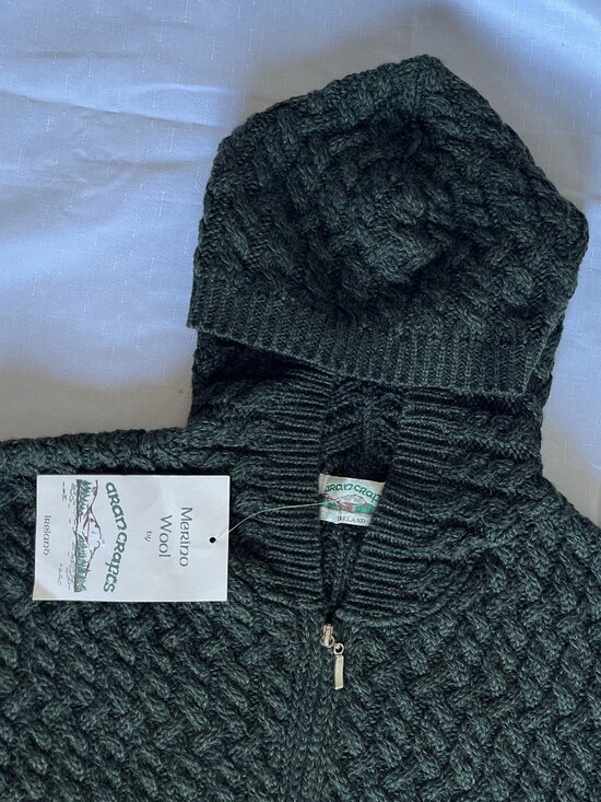 Aran Crafts 100% Merino Wool Hooded Zip Cardigan Sweater Forest Green Size M - Picture 2 of 6